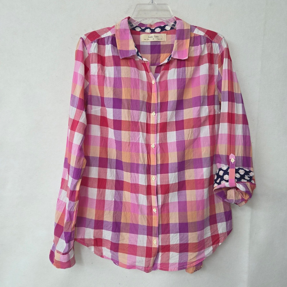 Isabella Sinclair Shirt Plaid Button Up Roll Tab Flip Cuff Women M Gingham Check